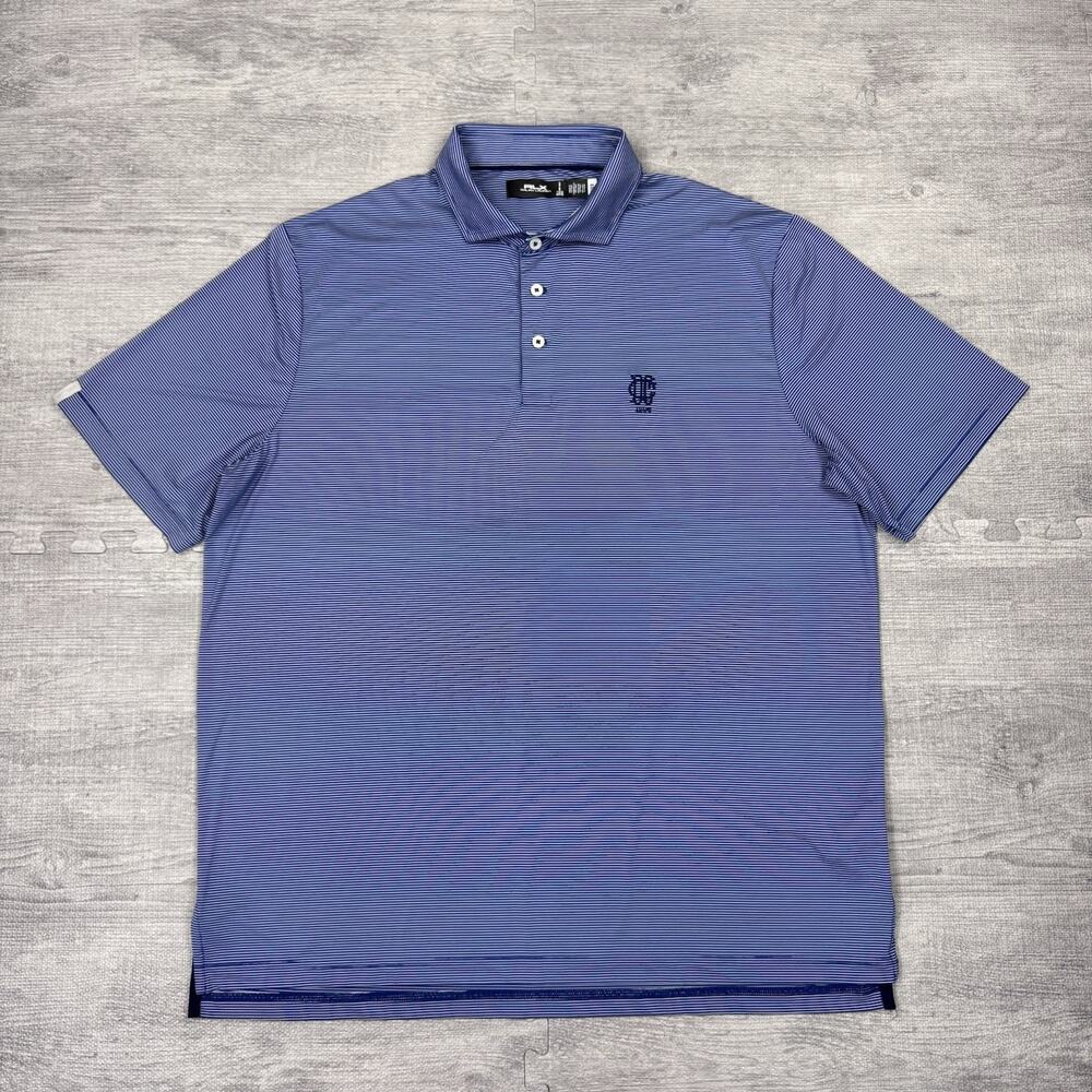 RLX Ralph Lauren Polo Shirt Men’s Size XL Blue Striped Dallas Country Club Golf